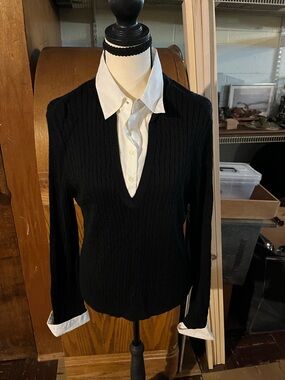 Ralph Lauren Black V-Neck Cable Knit Sweater with White Shirt Detail